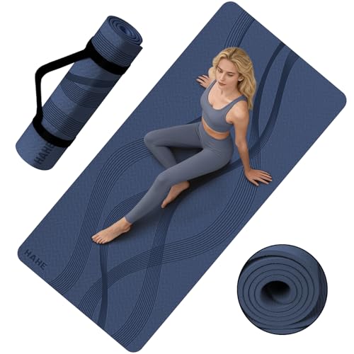 Yoga Mat High Density Exercise Mat, 76"x32"x0.27"Thick Wide & Large Yoga Mat for Women Men, Professional POE Workout Mat for Yoga, Pilates, Fitness & Stretching - color: Navy Blue