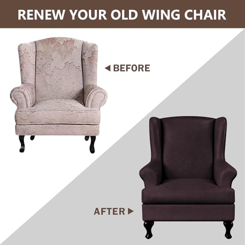ANARACHON Leather Look Wingback Chair Covers, 2-Piece Wing Chair slipcover,Stretch Wing Back Armchair Slipcovers with Elastic Bottom, Soft Spandex Furniture Protector for Living Room (01 Chocolate) - color: 01 Chocolate