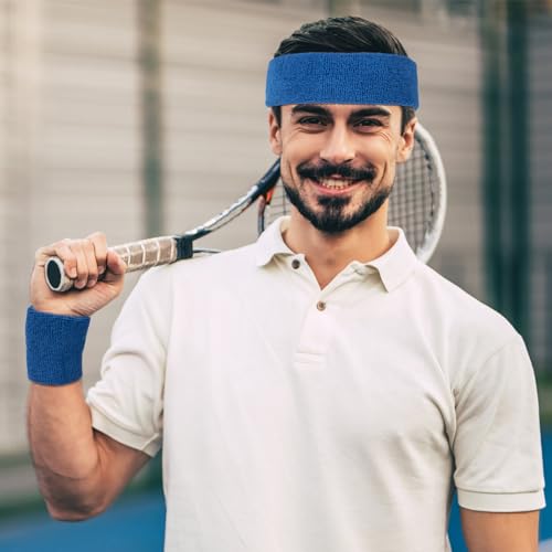 30 Pcs Sweatbands Wristbands Set Absorbent Terry Cloth Headbands Wristbands Neon Color Striped 80s Athletic Sweatbands for Sports Gym Exercise - color: Blue