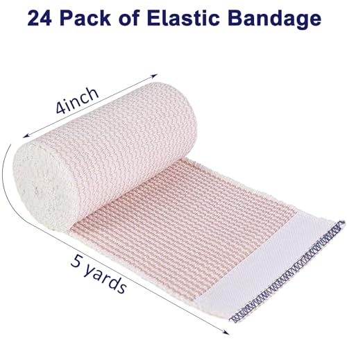 24 Pack Elastic Bandage Wrap 4” Bandage Wrap with Hook and Loop Closure on Both Ends Self Adhesive Bandage Wrap for Sports, Medical, and Injury Recovery - size: 4 Inch