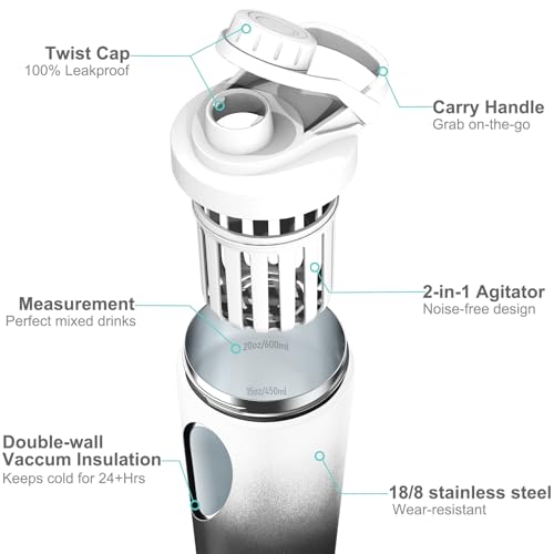 Stainless Steel Shaker Bottle with Noise-Free Design - Patented 24 oz Insulated Metal Shakers Bottles Cup for Protein Mixes and Pre Workout 100% Leak Proof (Day Night) - color: Day Night