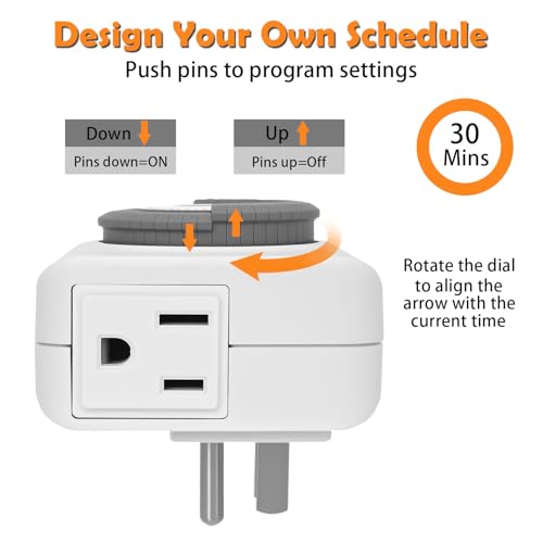 Timers for Electrical Outlets Indoor, 24-Hour Plug-in Mechanical Outlet Timer, 30 Minute Intervals, 3 Prong Light Timers, Daily On/Off Cycle for Christmas Tree, ETL Listed, 2Pack