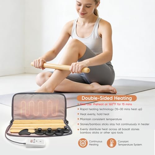 14 Pcs Hot Stones Massage Warm Kit Solid Bamboo Massage Stick Body Gua Sha Tool Heater with Temperature Adjustment, Basalt Hot Rocks Back Foot Body Massage for Home Spa Relieve Muscle Pain