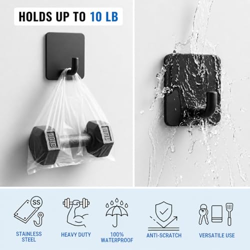 Stainless Steel Adhesive Wall Hooks for Hanging, Heavy Duty Waterproof Stick On for Bathroom Kitchen Shower, Self Adhesive for Towels, Keys, Hats, Robes - 8 Pack (Black) - color: 02-black