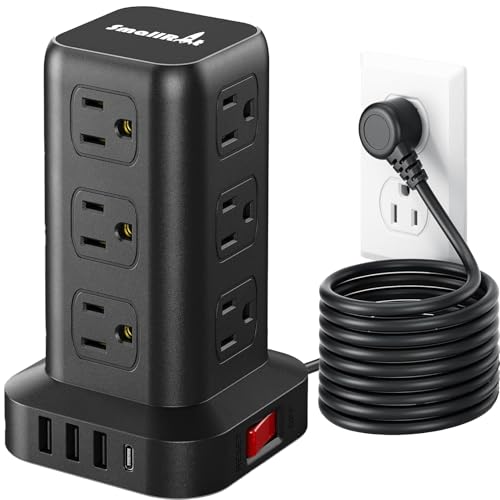 Extension Cord with Multiple Outlets, SMALLRT Power Strip Tower, PD 20W USB C, Power Strip with USB Ports 12 AC Outlets, 10FT Outlet Extender for Home Dorm, Office Supplies, Overload Protection - color: Black, size: 10 Ft without wireless charging 20W