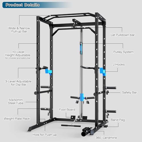 ULTRA FUEGO Power Cage, Multi-Functional Power Rack with J-Hooks, Dip Handles, Landmine Attachment and Optional Cable Pulley System for Home Gym - size: 240LB Weights Package