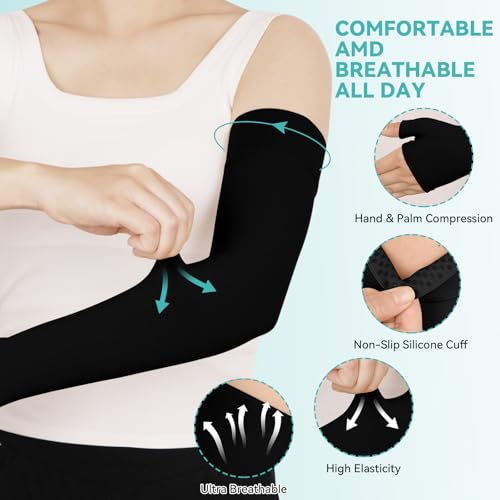 Lymphedema Compression Arm Sleeves for Women Men with Gauntlet, 20-30 mmHg Graduated Compression Full Arm Support for Arthritis, Bursitis, Edema (Single) - color: Black(Single), size: XX-Large
