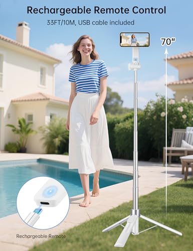 70" Magnetic Tripod for iPhone Magsafe, Extendable Selfie Stick Tripod with Rechargeable Remote & Magnetic Holder, 360° Rotatable Cell Phone Tripods Stand for Video Recording & Content Creation - color: White, size: 70 inch
