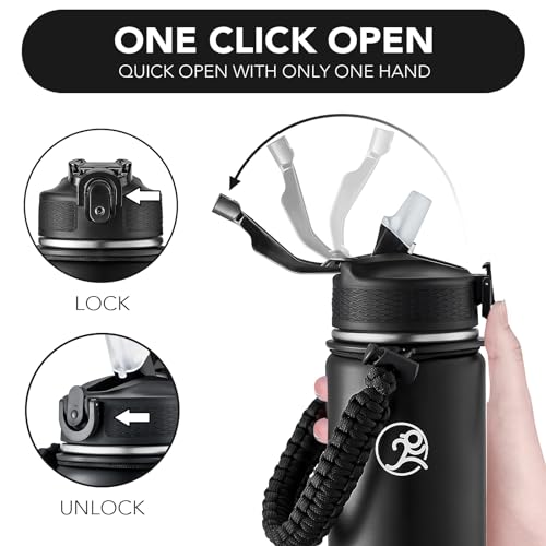 GOSWAG 24oz Insulated Stainless Steel Travel Water Bottle, 2 Lids | with straw and no straw, Paracord handle, Double-wall vacuum keeps drinks cold or hot, Leakproof tumbler - color: Matte Black