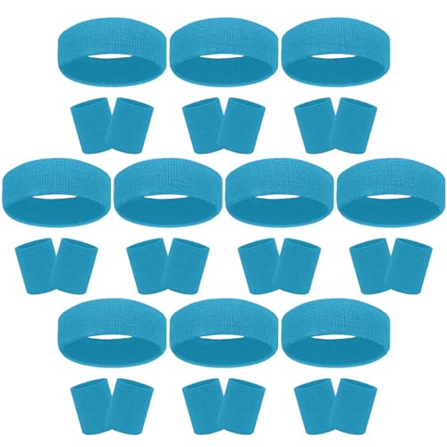 30 Pcs Sweatbands Wristbands Set Absorbent Terry Cloth Headbands Wristbands Neon Color Striped 80s Athletic Sweatbands for Sports Gym Exercise - color: Sky Blue