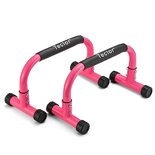 Teclor Push Up Bar, Parallettes Bars For L-sit & Dip, Heavy-Duty No Wobbling Parallel Bars Stand For Handstands, Full Planche, Calisthenics, 9.5in High Workout Stands for Home Fitness Training - color: Pink