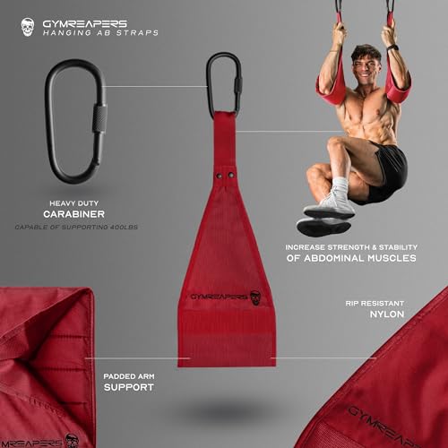 Gymreapers Hanging Ab Straps for Pull-Up Bar - Hang Bar Assist Strap & Strength Workout Equipment, Padded Adjustable Arm Supports with 2 Steel Carabiners for Leg Raises, Abdominal & Core Training - color: Red