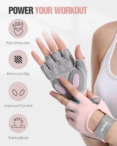 Workout Gloves for Men & Women – Fingerless Gym Gloves for Weight Lifting, Crossfit, Fitness, Exercise & Training with Silicone Grip Dots for Secure Hold & Palm Padding Protection - color: Pink, size: Medium: 7.1–7.7"