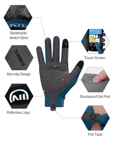 INBIKE Breathable Bike Gloves for Men Women, Full Finger Pad Cycling Gloves, Touchscreen Reflective Mountain Biking Bicycle - color: Blue, size: Large (Hand Circumference 7.75-8inch)