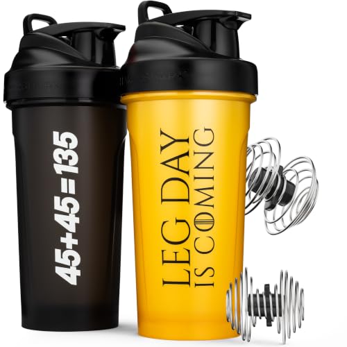 Hydra Cup ShakerShark - 2 Pack 28 oz Protein Shaker Bottles for Protein Mixes with 2 Weighted Wire Whisks, Leak Proof Shaker Cups for Protein Shakes and Pre Workout (Leg Day/45) - color: Leg Day/45+45