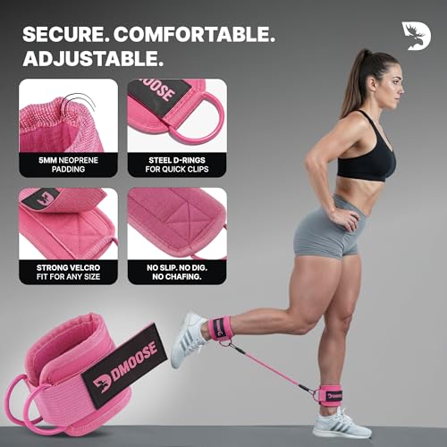 DMoose Ankle Strap for Cable Machine - One Size Fit with Premium Padding, Workout Kickback Ankle Cuffs, Ankle Bands for Working Out, Booty Workouts, Leg Extension, Hip Abductors & Lower Body Exercises - color: Pink + Tube Bands