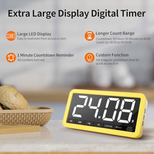 VOCOO Digital Kitchen Timer with 7.8” Extra Large Display, Magnetic, 3 Brightness, 4 Alarms and 3 Volume Levels, Battery Countdown Count Up Timer for Cooking, Classroom, Home Gym (Yellow) - color: Yellow