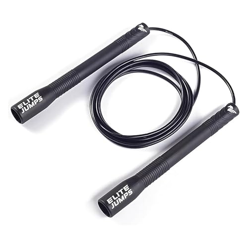 Elite Jumps Fit Plus Pro Freestyle PVC, 4mm Cord Skipping Rope, Cardio, Adjustable 10ft Length with 8" Reinforced Handles, Non-Slip Grip for Gym Workout, School Sport, Beginner Use - color: Black-no grip tape
