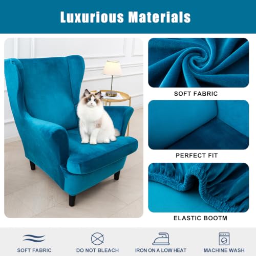 NILUOH Thick Velvet Wingback Chair Slipcovers 2-Piece, Stretch Wing Chair Covers Soft Sofa Slipcover Wing Back Armchair Cover Furniture Protector for Living Room - color: Cyan Blue
