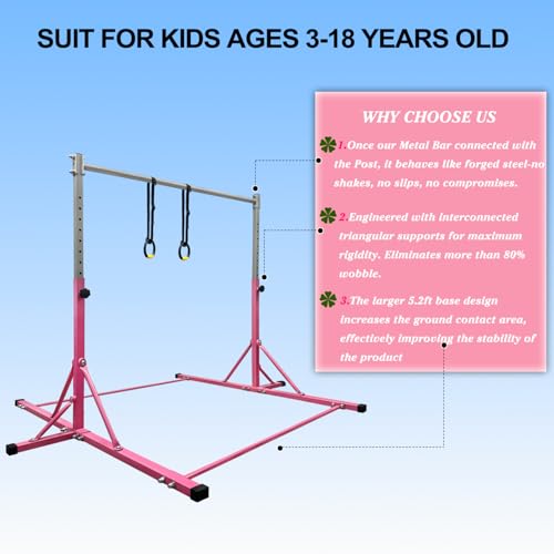 Gymnastics Bar for Kids Girls Ages 3-15 with Ring for Home Indoor Training Equipment- Steady Steel Construction, Anti-Slip, Easy to Assemble, 3' to 5' Adjustable Height - color: PINK, size: 4.8FT, style: FOLDABLE BAR WITH RING