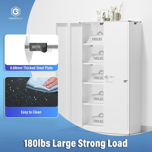 Greenvelly Metal Storage Cabinet - 72" Steel White Cabinet with 2 Doors and 4 Adjustable Shelves, Lockable - Perfect for Garage, Home Office, Pantry - color: White, size: 72 Inch