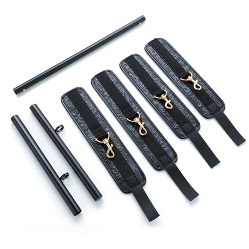 Spreader Bar Heavy Duty Stainless Steel Expandable Silver Bar Home Gym with 4pcs Furry Purple Adjustable Straps,Sports Aid Training Fitness Gear Pilates Aid Kit - style: Black+PU Embossed Black