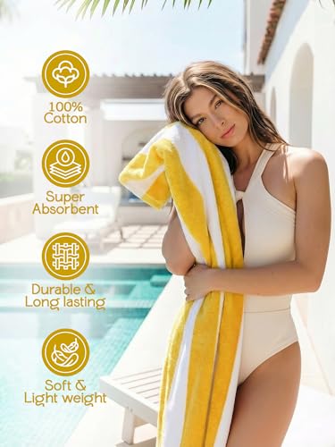 Utopia Towels Pack of 4 Cabana Beach Towels, Oversized 30 x 60 Inches Cotton Beach Towel Set, Smooth Ring Spun Texture for Pool and Swim Days, Modern Striped Design Bath Towels, Yellow - color: Yellow, size: 30 x 60 - 4 Pack