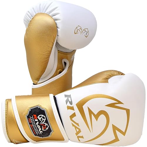 RIVAL Boxing RB100 Professional Bag Gloves, 6mm of D30 Padding, Handcrafted Microfiber, Innovative Wrist Lock 3 System - color: White/Gold, size: Medium