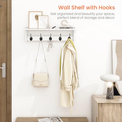 Homode Coat Rack with Shelf Wall Mount, 24 Inch Long Wall Shelf with Hooks Underneath, Wood Hanging Coat Hanger with Hat Shelves for Entryway, Bathroom, Mudroom, White - color: White, size: 24 Inch Long