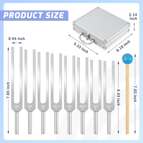 Tuning Fork Medical Sound Healing Set of 8 (256 Hz, 288 Hz, 320 Hz, 341.3 Hz, 384 Hz, 426.6 Hz, 480 Hz, 512 Hz), Unweighted Aluminum Chakra Forks with Reflex Hammer, Storage Bag and Exquisite Package - color: 8 Pcs - Silver