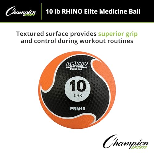 Champion Sports Rhino Elite Medicine Ball – Textured Surface, Superior Grip, Hollow Synthetic Rubber for Consistent Bounce & Durability, Multiple Weights & Colors - Optional Rebounder Sold Separately - style: 10 Pounds - Orange
