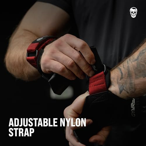 Gymreapers Weight Lifting Grips (Pair) for Heavy Powerlifting, Deadlifts, Rows, Pull Ups, with Neoprene Padded Wrist Wraps Support and Strong Rubber Gloves or Straps for Bodybuilding - color: Red, size: Large