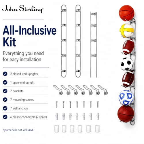 Knape & Vogt Wall Mounted Ball Rack for Garages | 7-Ball Capacity, 63-1/8 in. Tall, John Sterling Collection, Alloy Steel, Silver
