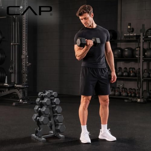 CAP Rubber Coated Hex Dumbbell Set with Storage Rack | 100–210 lb Options, Space-Saving Vertical Compact Storage for Home Gym Strength Training - size: 150 lb - Set, style: Comfort Handle