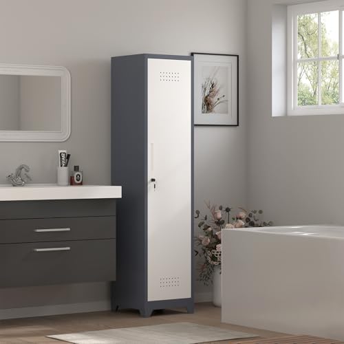 IRONFFICE Slim Cabinet,Narrow Broom Closet Storage Cabinets with Doors,Narrow Utility Closet with Hanging Rod,Slim Laundry Storage Cabinet for Garage,Living Room,Grey-White - size: 15.75"D x 15.75"W x 64.96"H-Grey/white