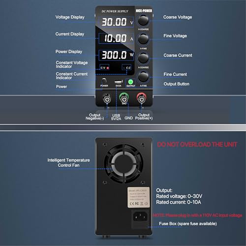 NICE-POWER DC Power Supply Variable 30V 10A, Adjustable Switching Regulated DC Bench Power Supply with Output Switch High Precision 4-Digit LED Display, Benchtop Lab Power Supplies with 5V/2A USB Port - size: 30V 10A