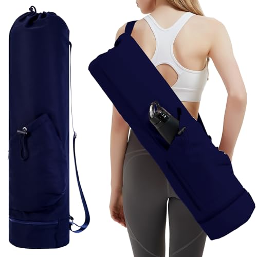 sportsnew Yoga Mat Bag with Water Bottle Pocket & Wet Pocket for Women | Yoga mat carrier fits 1/8"-3/8" yoga mats, quick-access multi-pocket organization, lightweight for gym, Pilates & studio - color: Navy Blue, size: Medium