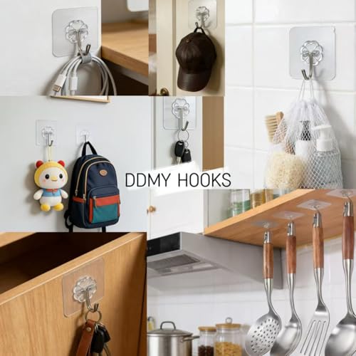 DDMY 100 Pack Heavy Duty Self Adhesive Hooks 50 lbs Transparent Reusable Sticky Wall Hooks for Hanging Waterproof Adhesive Hooks for Kitchen, Towel, Bathroom Shower, Office, and Outdoor No Damage - color: Transparent, size: 100 Pieces