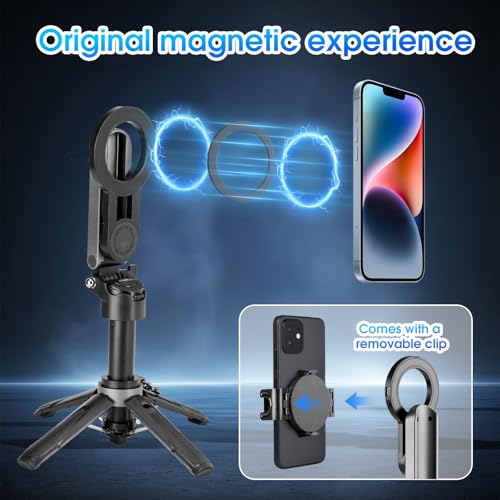 Magnetic Tripod for Phone,2 in 1 for Magsafe Stand＆ Clip Portable Pocket Size Selfie Stick for Android/iPhone,Phone Holder with Wireless Rechargeable Remote Control for Photography, Live Streaming - color: Gray