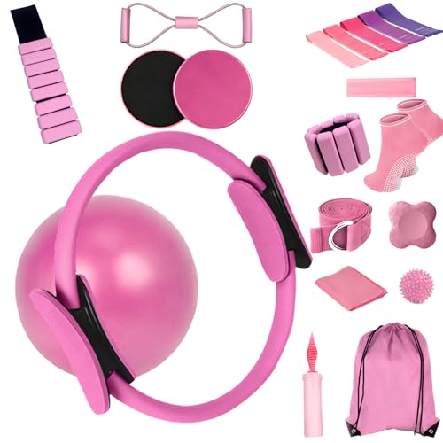 Pilates Equipment Set for Home Workouts –15in1 Home Pilates Kit with Ring and Ball Set, Resistance Bands, Pilates Yoga,Core Sliders & Ankle Weights, Pilates Essentials Kit - color: pink