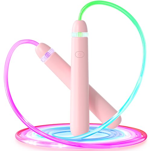 LED Jump Rope for Kids, Glow in The Dark Fun Fitness Gift | Rechargeable, 180-day battery, 9.2ft for ages 6+, colorful LED modes, birthday gift, outdoor fun - color: Pink
