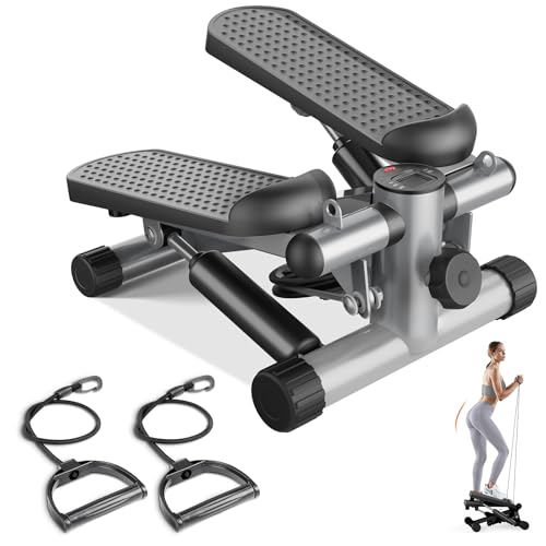 Sweetcrispy Mini Stair Steppers with Resistance Bands for Exercise at Home, Portable Exercise Twist Stepper Machine for Full Body Workout, 300LBS Capacity - color: 300lbs Sliver