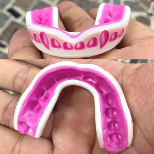 Oral Mart Youth Sports Mouth Guard for Kids (USA Flag, Fangs, 20+ Colors to Choose from) Mouthguard for Football, MMA, Karate, Boxing, Rugby, BJJ, Flag Football – /w Case (Youth, Strapless) - color: Pinky Fangs