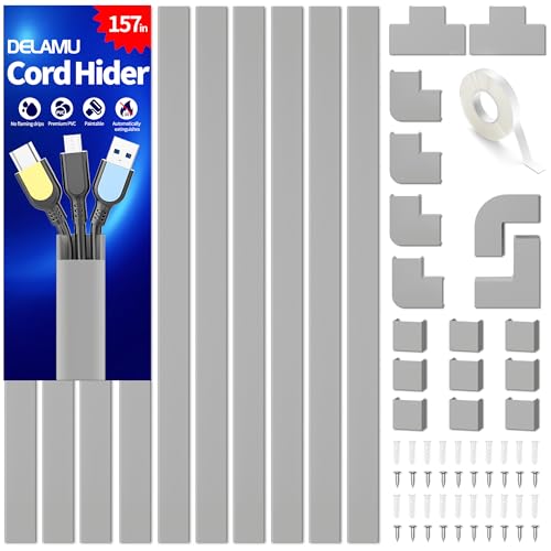 Delamu Grey Cord Hider, 157in Cord Covers for 2-3 Wires on Wall, TV Cable Hider Wall, Wire Covers for Cords on Wall, Cable Raceway Cover Wire Hider Management, TV Cord Hider Wall, W0.95 H0.55in, Grey - color: Grey, size: 157in L x 0.95in W x 0.55in H