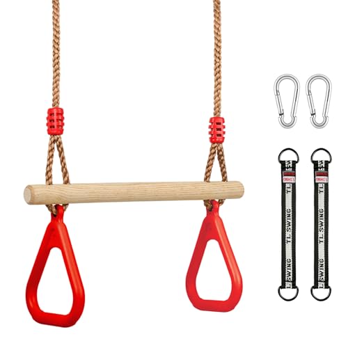 Trapeze Swing Bar for Kids, Wooden Swing Set Hanging Bar with Plastic Gym Rings, 2 Buckle Straps for Ninja Warrior Obstacle Course Trapeze Bar for Swing Set, Indoor & Outdoor Trapeze (Red) - color: Red