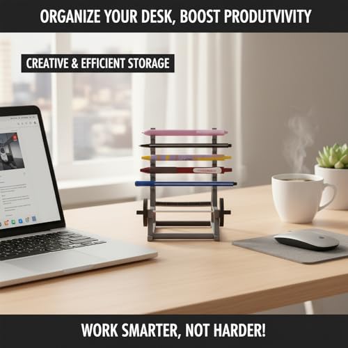 2 Pack Desktop Mini Squat Rack Pen Holder, Gray Metal Gym Equipment Design, Barbell Weight Plate Display Stand, Office Desk Organizer for Fitness Enthusiasts