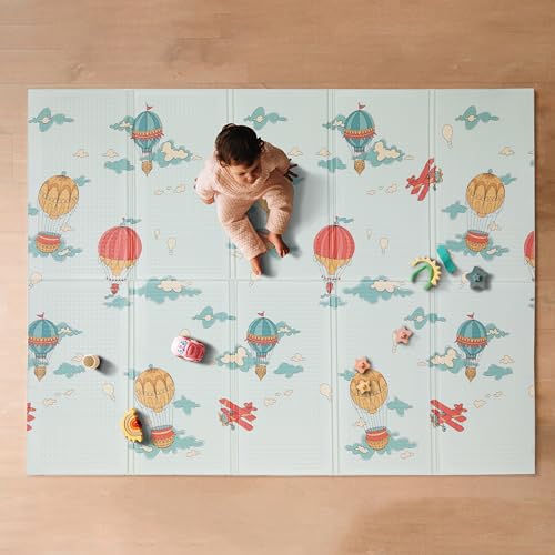Nuby Reversible Baby Floor Mat - Foldable and Lightweight Foam Infant Play Mat - 77" x 58" - Easy Storage and Travel - Hot Air Balloons/Stripes - style: Hot Air Balloons