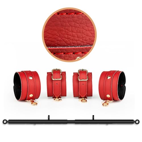 3 in 1 Heavy Duty Stainless Steel Expandable Spreader Bar with 4pcs PU Rose-Gold Adjustable Straps,Workout Bar for Home Gym Training Bar,Portable Detachable Pilates Kit - style: Black+Red PU Kit