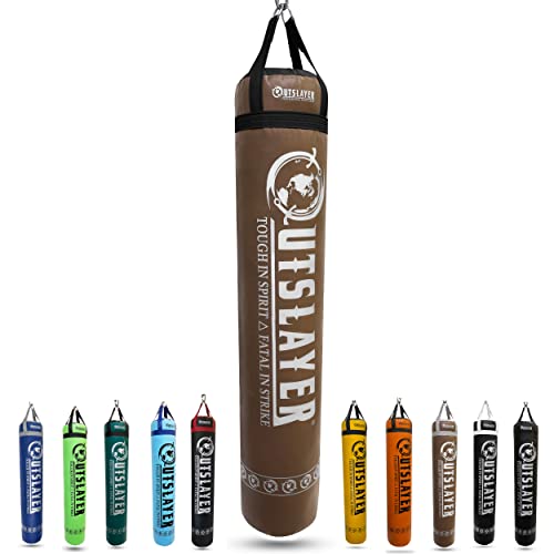 Outslayer Muay Thai Kickboxing Heavy Punching Bag – 6ft 130 lb – Made in USA – for MMA, Boxing & Training - color: Brown/Black, size: With Bottom D-Ring