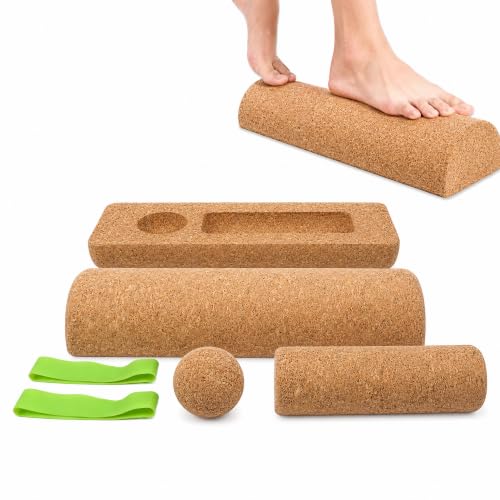 Cork Balance Board & Foot Roller Set, Ankle Strengthener for Yoga | Relieves plantar fascia tension, includes massage ball & toe resistance bands, built-in storage, physical therapy equipment